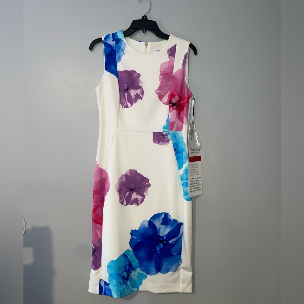 🌺NWT Calvin Klein Floral Sleeveless Dress - White with Blue and Pink Accents